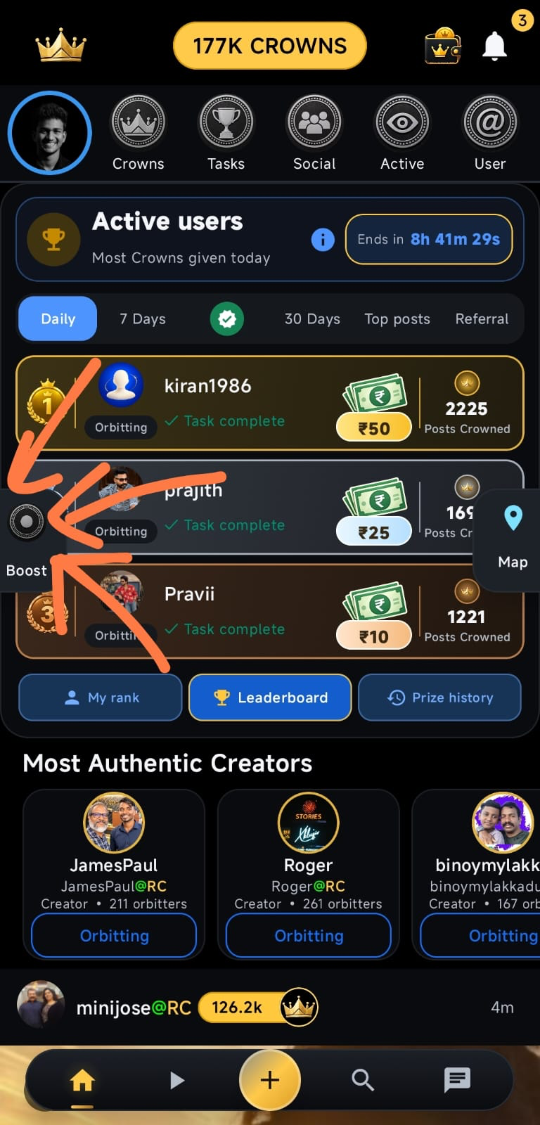 Real Crown Home screen with arrows pointing to the Boost tab on the left