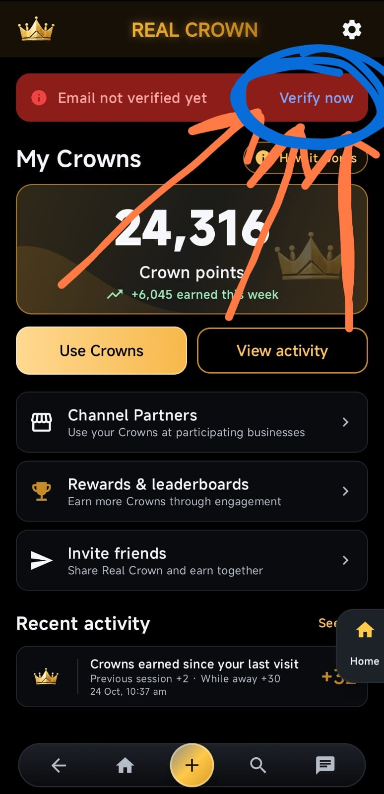 My Crowns page with Verify now highlighted beside the email verification warning
